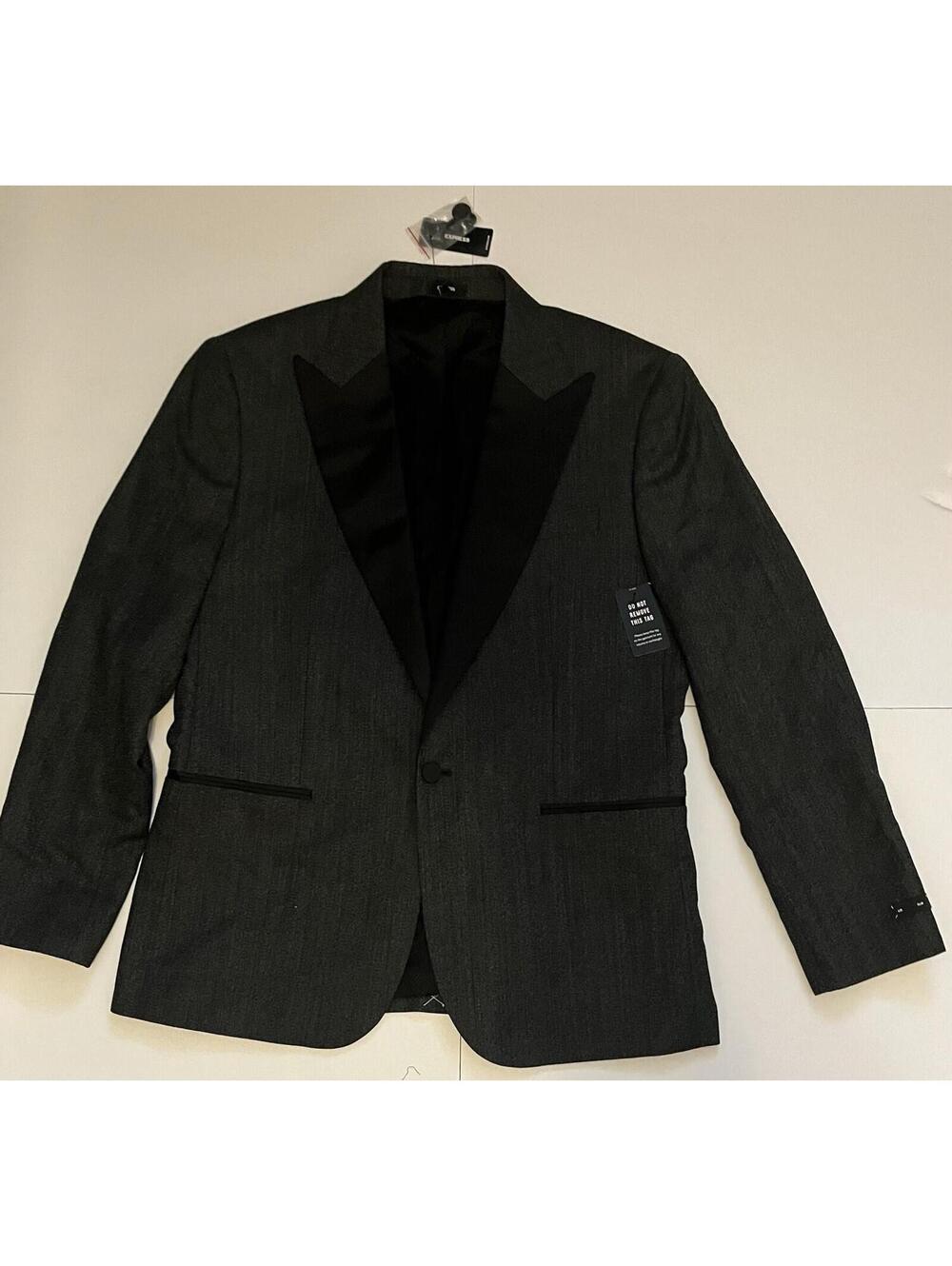 Express Men’s Slim Fit Tuxedo Blazer Jacket Charcoal Gray Satin Shawl Lapel 42R